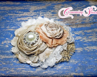 Rustic Bridal Hair Piece, Fall Headband, Ivory, Burlap, Peach, Orange Hair Bow, Tan Rustic Flower Headband, Beige, Burlap Hair Accessories