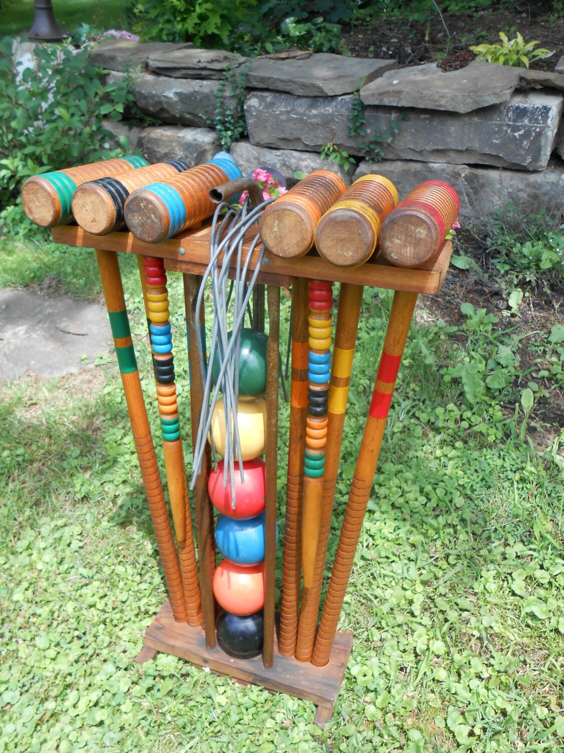 Vintage 1940s South Bend Complete Croquet Set with Holder and