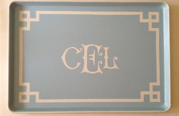 XL white monogram Greek key border light blue ottoman tray