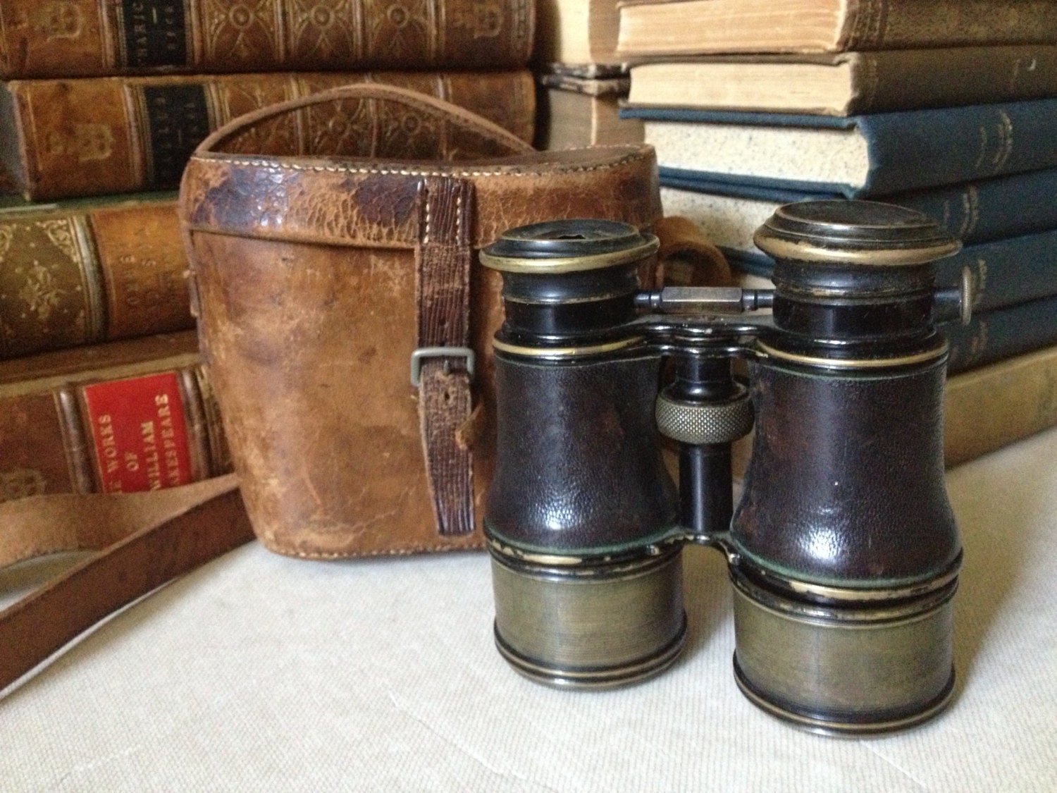 Antique France Depose Leather Binoculars // Leather Case