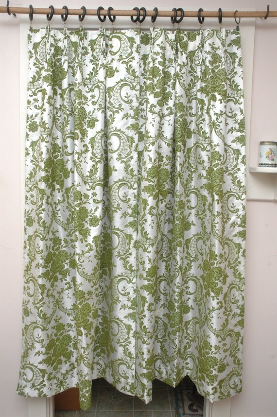 Mid Century PAIR Curtain Panels Green Damask Floral Silk