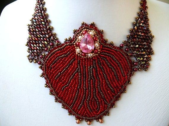 Bead embroidered necklace embroidery seed beaded jewelry OOAK CHRISTMAS