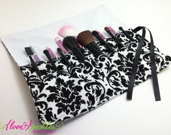 Makeup Brush Holder, Black and White Damask, Make Up Brush Roll