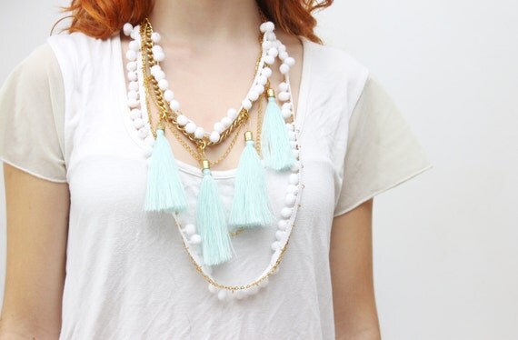 50% off CHAOS / Pom pom & tassel necklace-Ready to Ship-Spring Sale