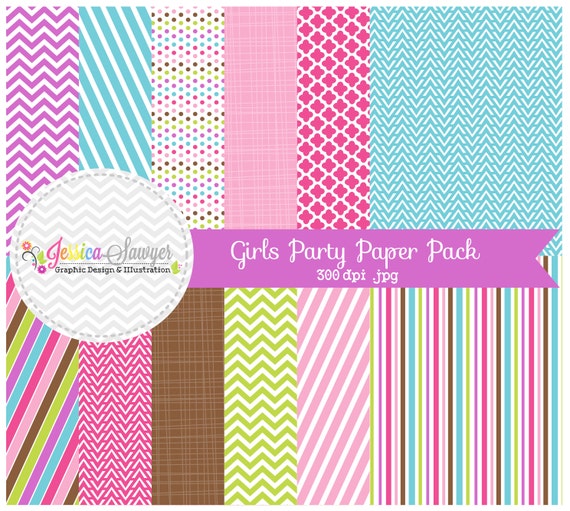 INSTANT DOWNLOAD, girls party digital papers, girl party backgrounds, cute paper, for invites, web background, chevron, stripes, textured Il_570xn