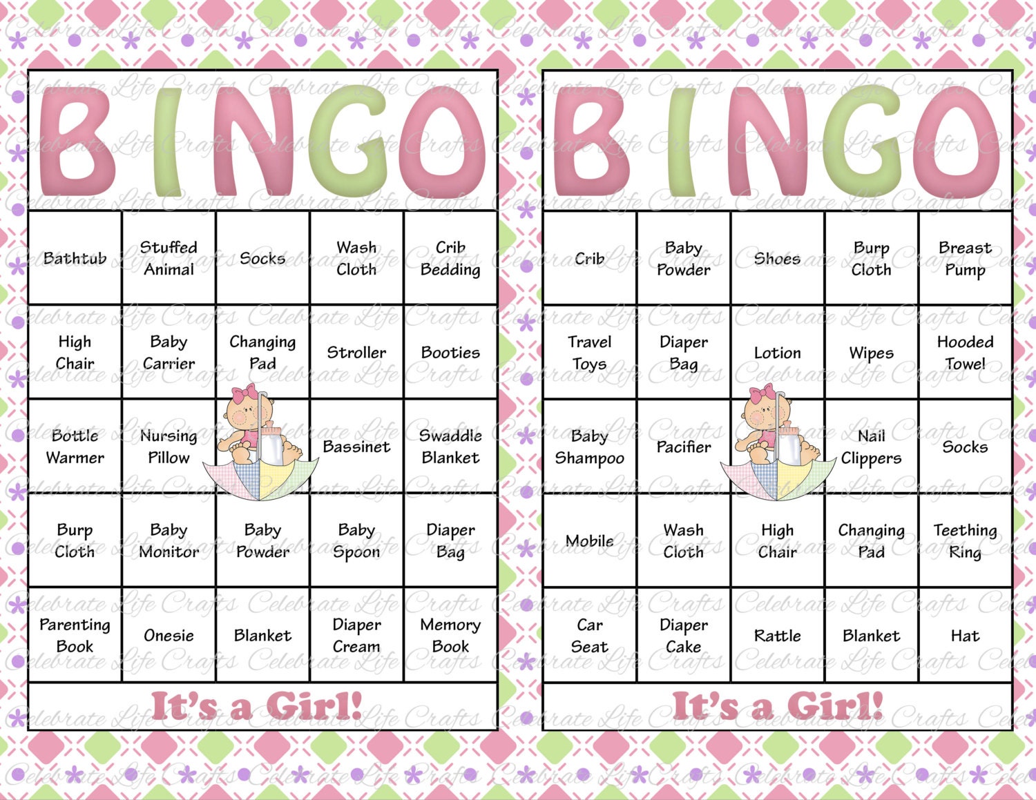 shower cards bingo baby 60 Printable Girl Party 60 Baby Cards Shower Bingo Baby