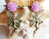 Fairy Bobbi pin set, pink cameos in bronze filigree settings with bronze fairy charms