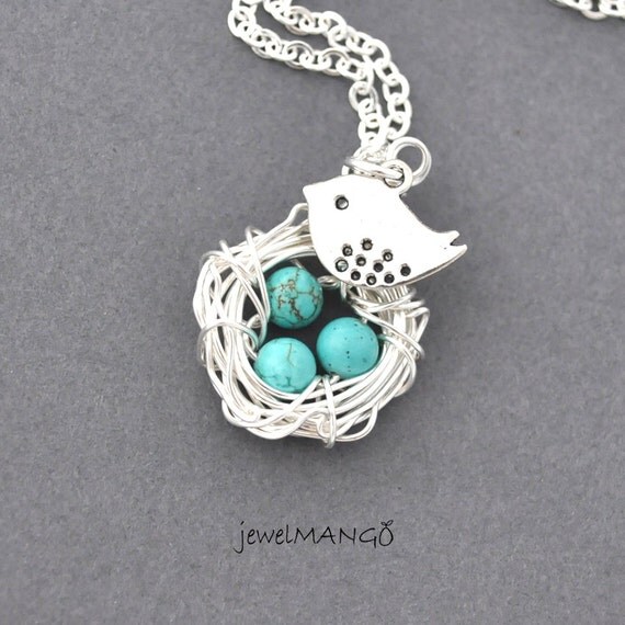 Eggs in nest with mama bird necklace bird necklace by JewelMango