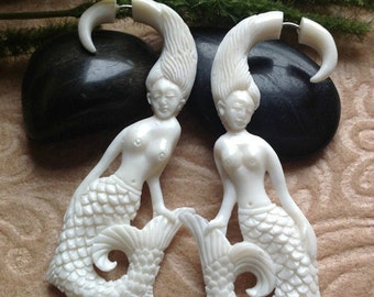 Fake Gauge Earrings, "Mermaid" Naturally Organic, Bone, Hand Carved, Tribal