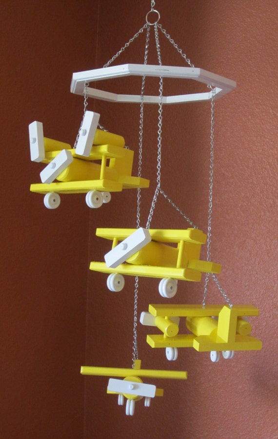Items similar to Yellow Recycled Wood Airplane Mobile with Four Different Planes Ages 0 99