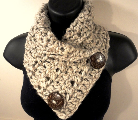 Wool Blend Bulky Crochet Scarf Button Scarf Crochet Cowl