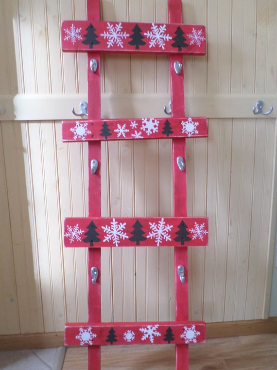 Red Wood Stocking Holder Unique Ladder Rustic Shabby hooks