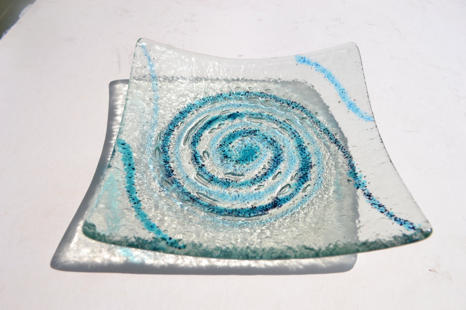 Fused glass Blue spiral bubble Glass Dish
