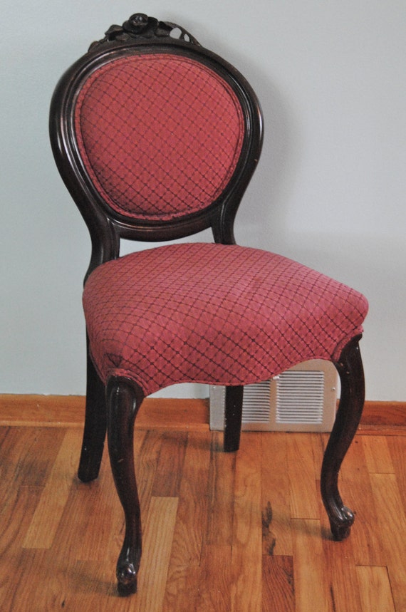 Vintage Upholstered Red Armless Vanity Chair with Engraved