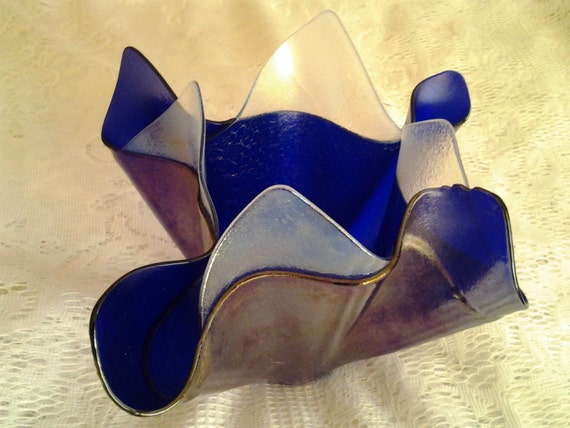 Fused Glass Vase Iridescent Cobalt Blue And Clear Layered 5378