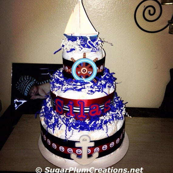 Nautical Diaper Cake - or Towel Cake-light house, whale, sail boat 