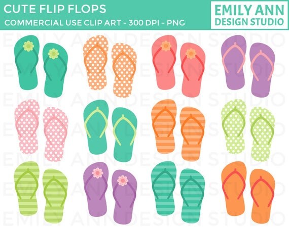 Flip Flops Summer Colorful Flowers Cute Clip Art - Commercial Use - Scrapbooking Invitations Cards - Instant Download Il_570xn