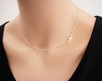 925 Sterling Silver Sideways Cross Necklace, Cross Charm Pendant, Petite Dainty Necklace Sideways cross Jewelry, Bridesmaids Wedding Jewelry