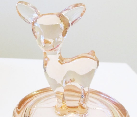 Download Items similar to Vintage Baby Deer Bambi Powder Jar in Pink Glass, Jeanette Glass Co., Vanity ...