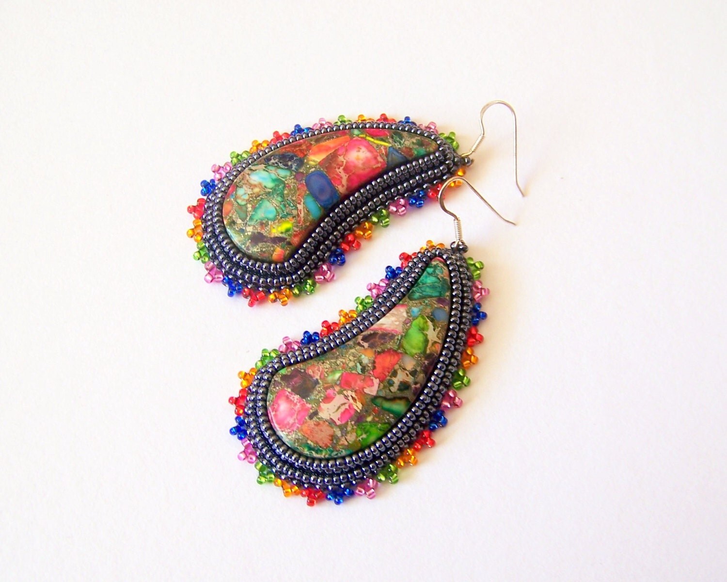 Beadwork Bead Embroidery Statement Dangle Drop Earrings by lutita