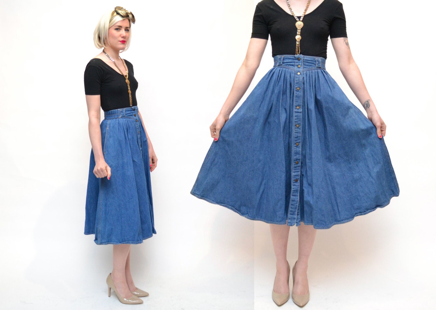 Vtg DENIM western skirt // blue jean pleated high by GINGERANDJUDY