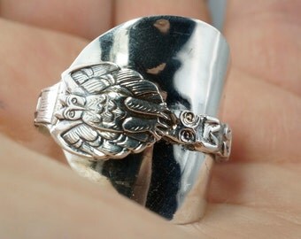 Sterling Owl Ring. Sterling Silver Spoon Ring. Spoon Jewelry. Size 13 silver ring.Totem Pole Ring. Canada Ring . Mens Spoon Ring No.00148