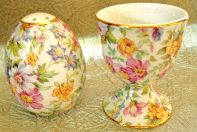 Vintage English Chintz China Egg Cup & EggShaped Shaker
