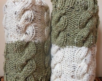 Hand Knitted Boot Cuffs Leg Warmers 2in1 Green and Oatmeal