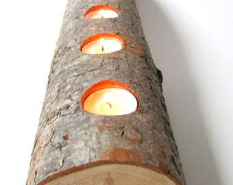 Split log tea light candle holder. Rustic Douglas Fir wood tea light candle holder.