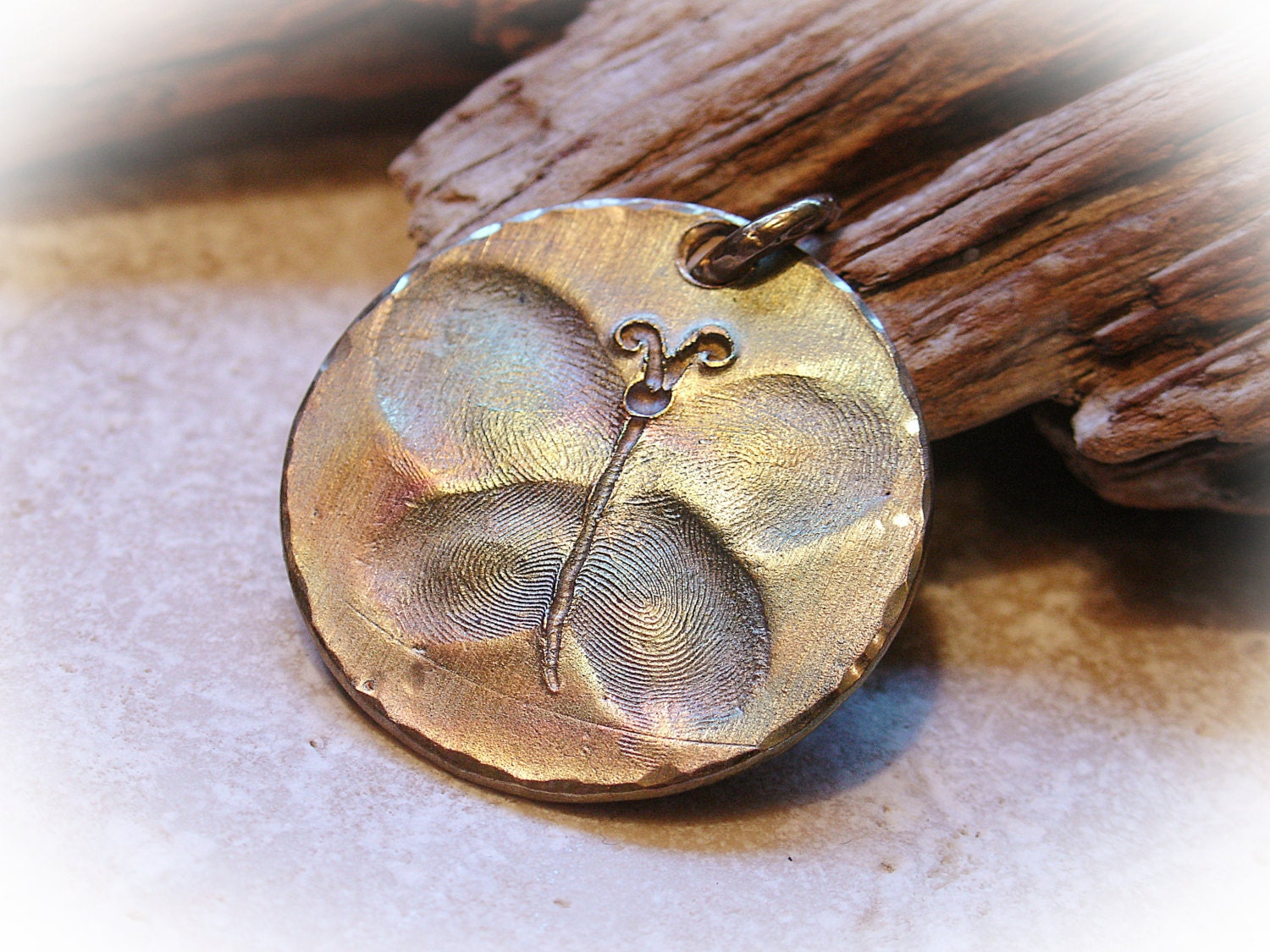 Fingerprint jewelry butterfly pendant in bronze by TimeflysDesigns
