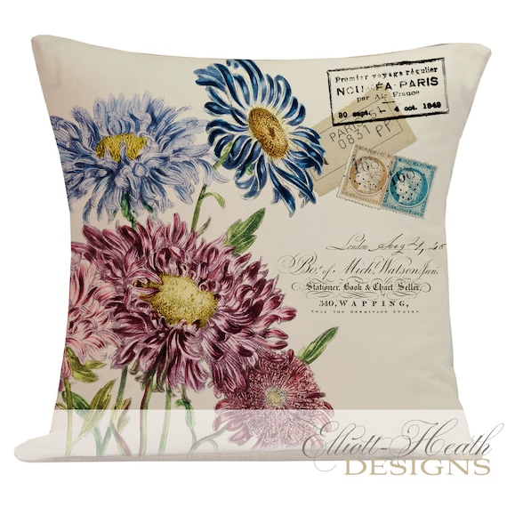 Handmade Graphic Pillow Giveaway from Knick of Time at knickoftimeinteriors.blogspot.com Antique Botanical Print Document Burlap Cotton Bachelor Button Throw Pillow Cover SP-75