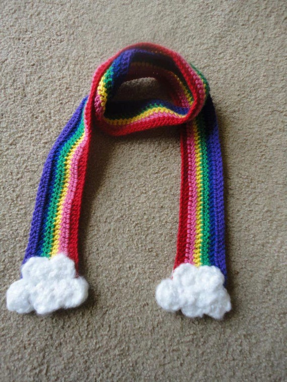 Crochet Rainbow Scarf with Fluffy Clouds by KarasKnitKnacks
