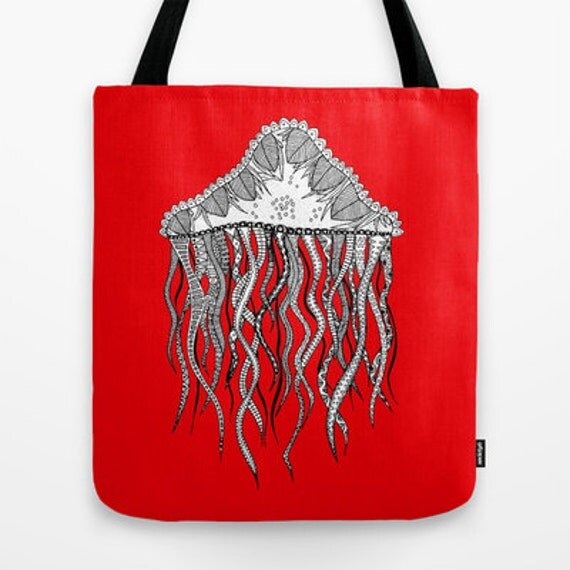 Red Jellyfish Tote Bag - Double Sided Tote - Beach Bag, Yoga Bag ...