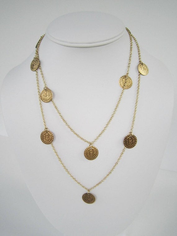 Gold Coins Layering Necklace 36 Inch Length Handcrafted Wear