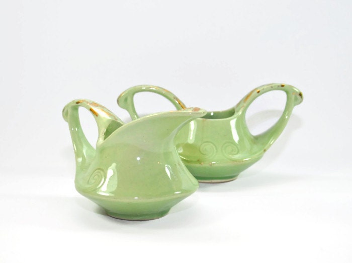 Vintage Cream and Sugar Set, Green and Gold, Green Cream and Sugar Set, Ceramic, Vintage