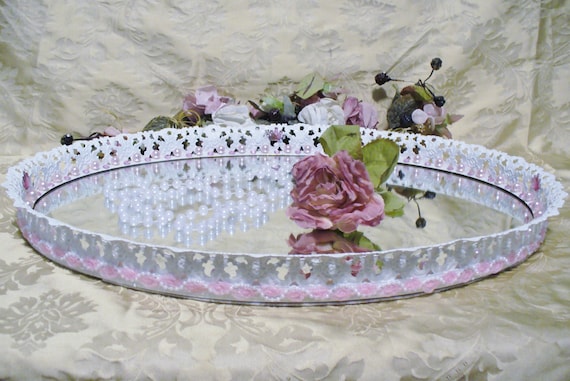 Large Vintage Filigree Oval Vanity Mirror Pink & White Shabby Cottage Chic Style