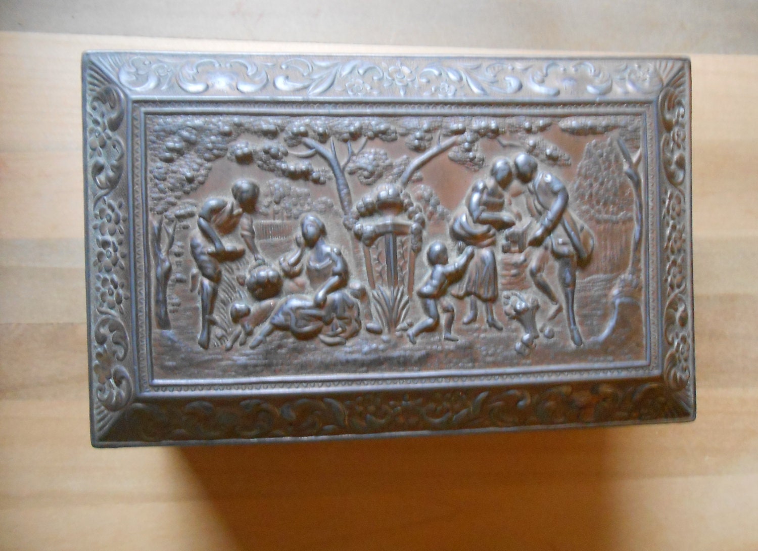 Vintage Bronze Embossed Detailed Pictorial Metal Trinket Box, Jewelry Box, Home Decor Haute Juice