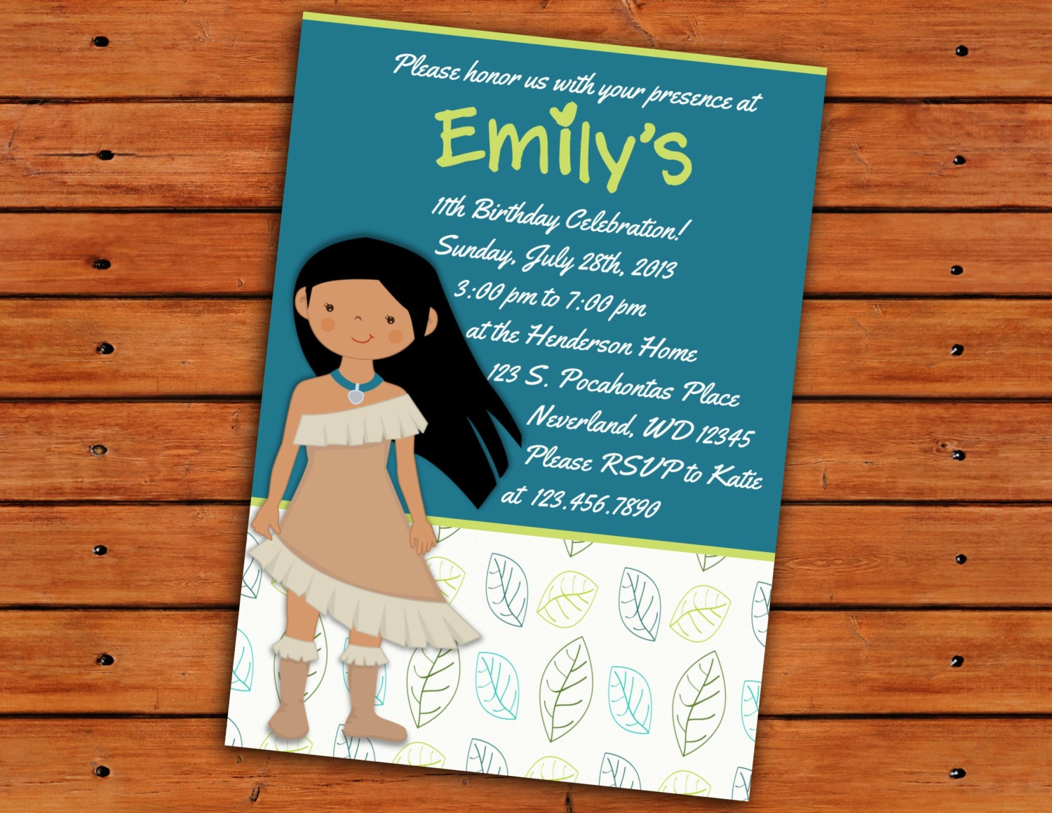 Pocahontas Birthday Party Invitation 5X7 Printable