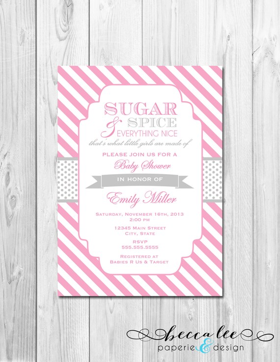 Sugar and Spice Baby Shower Invitation - Stripes - Pink and Grey - DIY - Printable Il_570xn