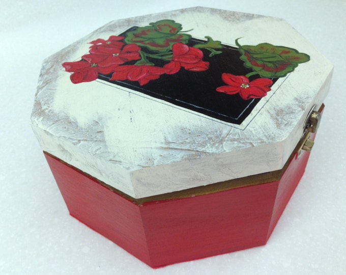 8 1/4" x 8 1/4" x 4" Solid Wood Octagon Shaped Box, with Hinged Lid. Geraniums painted with acrylics on top.