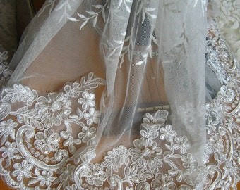 pearl beaded lace trim, bridal lace trim, ivory alencon lace trim, scollaped lace trim, sequined wedding trim lace, vintage lace trim, sale