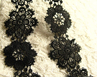 black lace, black venise lace trim, Vintage Venice Lace, Antique Floral Lace