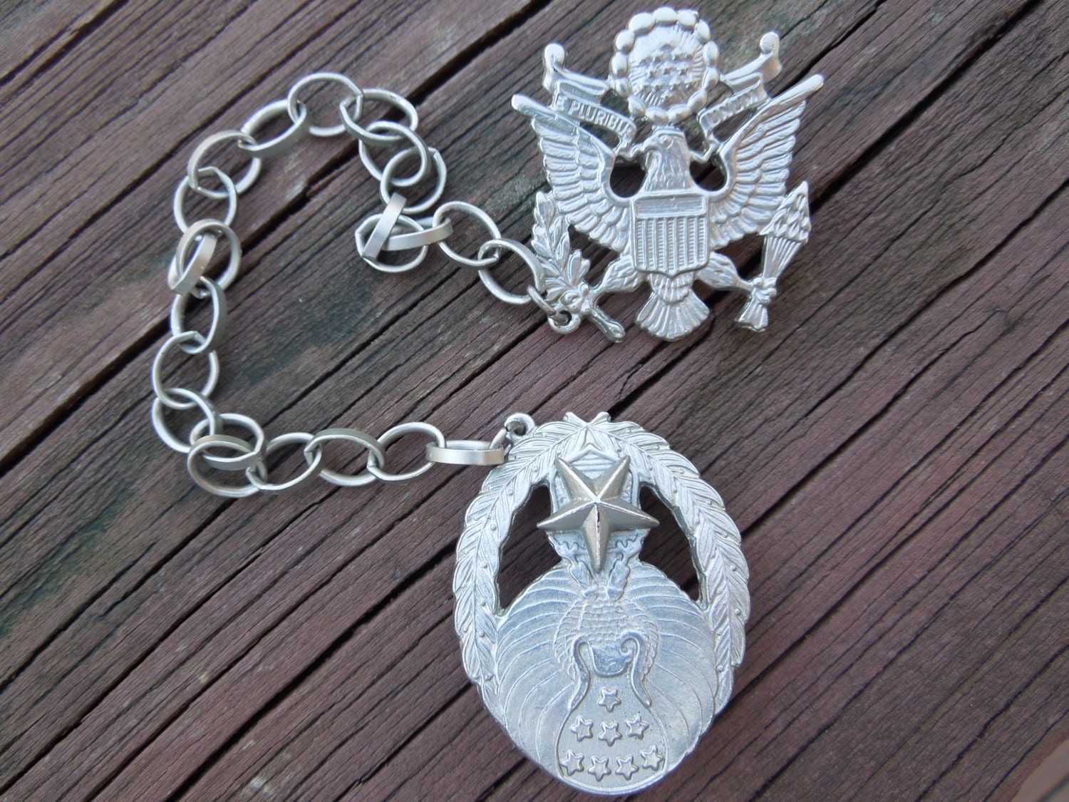 US Air Force Chain with 2 Insignia Pins Connected by Chain.