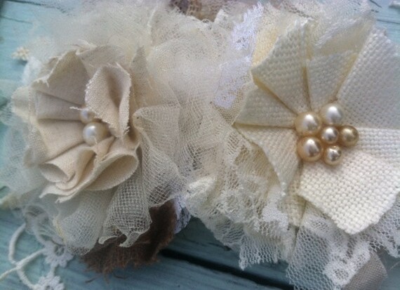 Ivory Wedding Fabric Flowers, Linen Lace Bridal Flowers, Cake Flowers ...