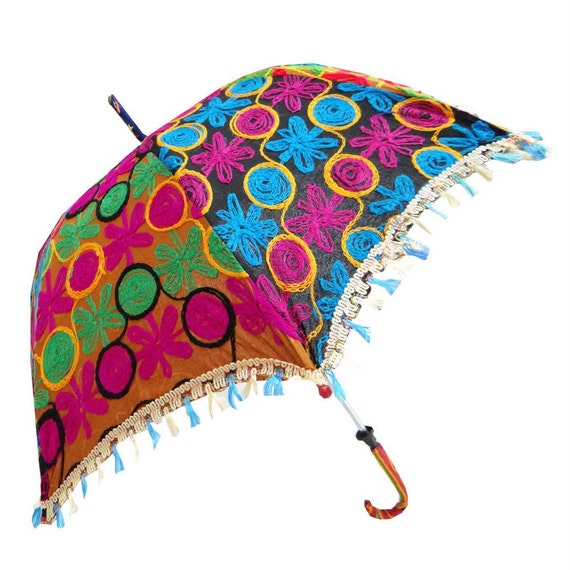 33x25 Embroidered Sun Parasol Handcrafted Orange Summer Umbrella Indian Art 25” L - UMB102
