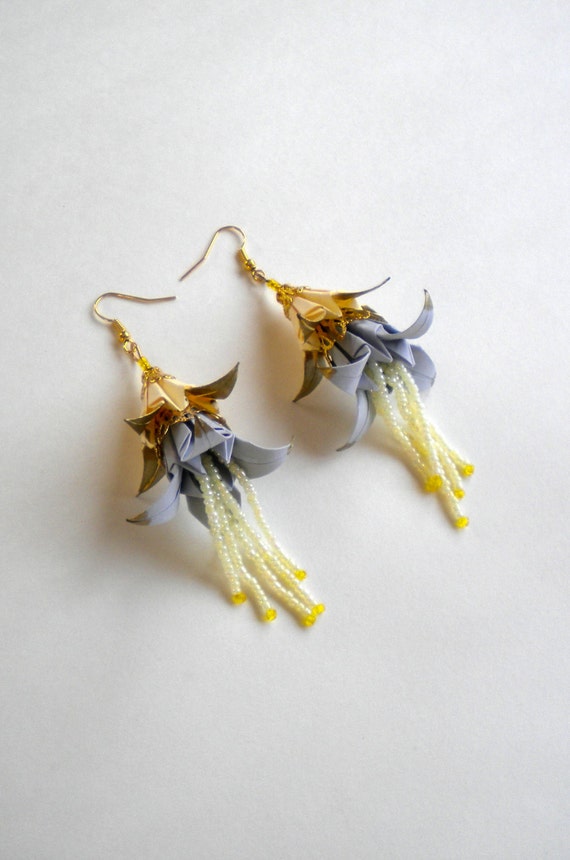 Items similar to Origami Double Lily FLower Earrings Grey and Yellow