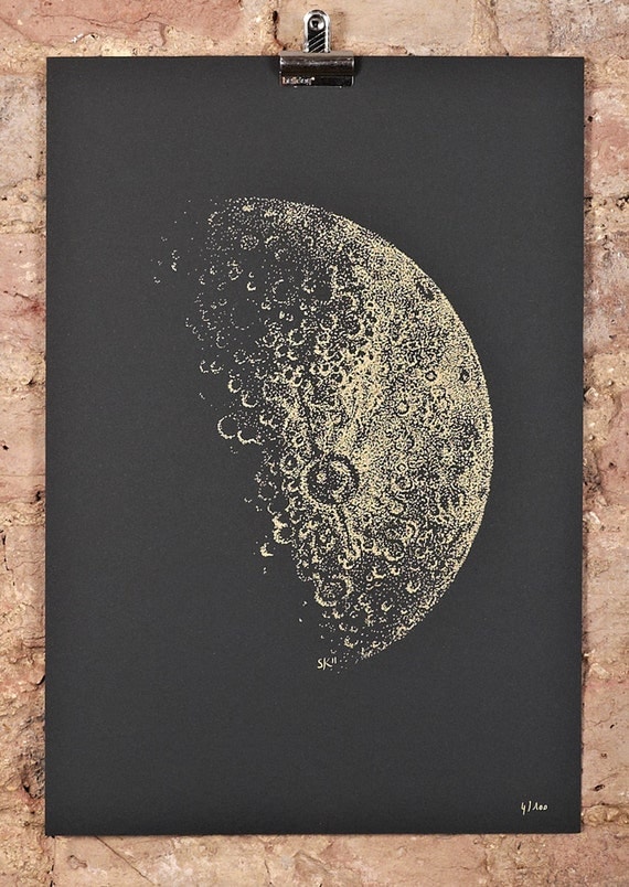 Items similar to Half Moon screeprint - A3 - gold ink on 