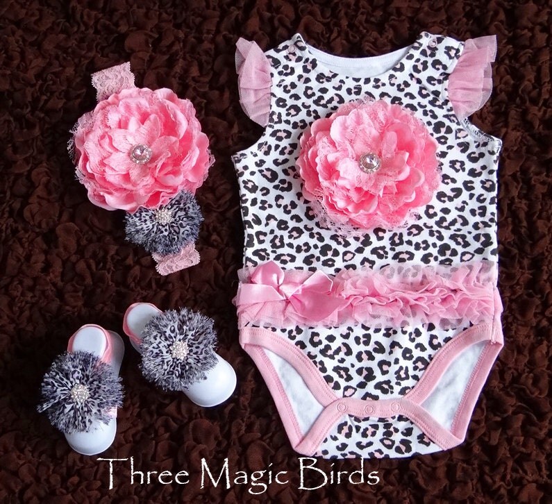 Leopard Print Baby Girl Onesie 5'' Headband & Barefoot