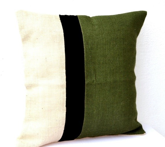 Throw Pillow Cover Burlap Color Block Cushion Moss Green