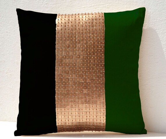 Throw Pillows Emerald green black gold Green color block